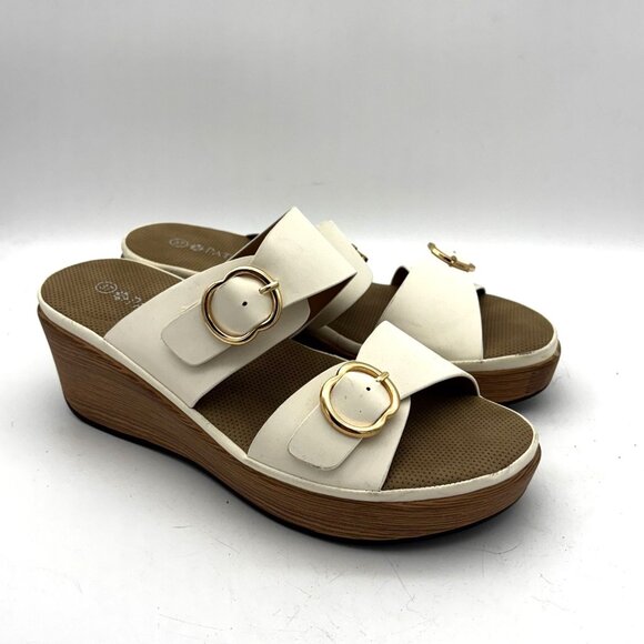 Patrizia Womens 37 White Platform Wedge Sandals Gold Buckle Slide Slip On Shoes - Picture 1 of 7